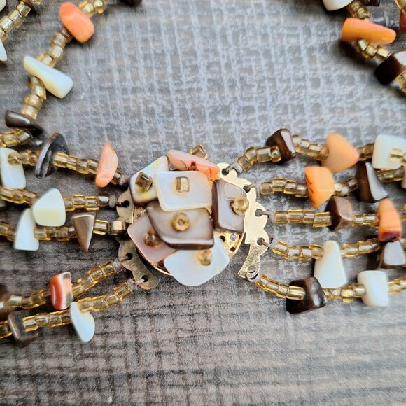 Vintage Multi Strand Stone Necklace Statement Choker - Brown Orange Cream - Picture 5 of 7